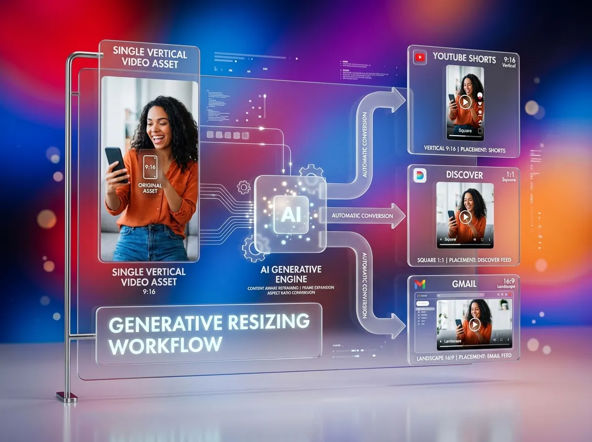 A glassmorphism diagram showing the generative resizing workflow where a single vertical video asset is automatically converted into square and landscape formats for different Demand Gen placements across YouTube Shorts, Discover, and Gmail. Vibrant red and blue gradient background, soft volumetric lighting, ray tracing, C4D, Octane render, high detail, 8k resolution, minimalist style.