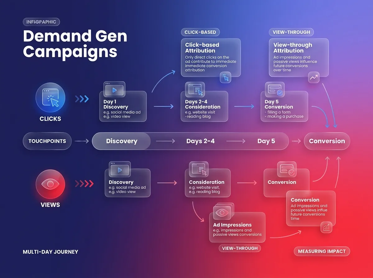 A glassmorphism, floating glass infographic comparing click-based attribution vs. view-through attribution for Demand Gen campaigns, showing how the same ad campaign contributes to conversions across a multi-day discovery-to-purchase journey. Vibrant red, purple and dark blue gradient background, soft volumetric lighting, ray tracing, C4D, Octane render, high detail, 8k resolution, minimalist style.