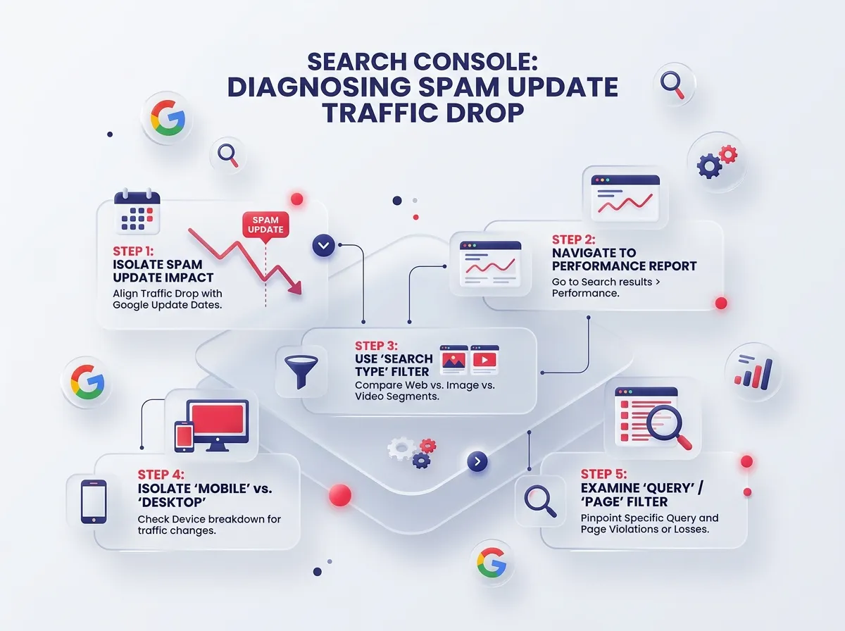 ขั้นตอนการกรองใน Search Console เพื่อวินิจฉัยการร่วงลงของทราฟฟิกจากการอัปเดตสแปม ภาพประกอบไอโซเมตริก 3 มิติ กระจกลอยเป็นองค์ประกอบหลัก พื้นผิวกระจกฝ้าพร้อมเอฟเฟกต์เบลอ ชั้นโปร่งแสง ไอคอน Google เงางามล่องลอยอยู่รอบๆ พื้นหลังสีขาวอ่อนและเทาอ่อน แสงนวลแบบวอลุ่มเมตริก รายละเอียดสูง ความละเอียด 8k สไตล์มินิมอล