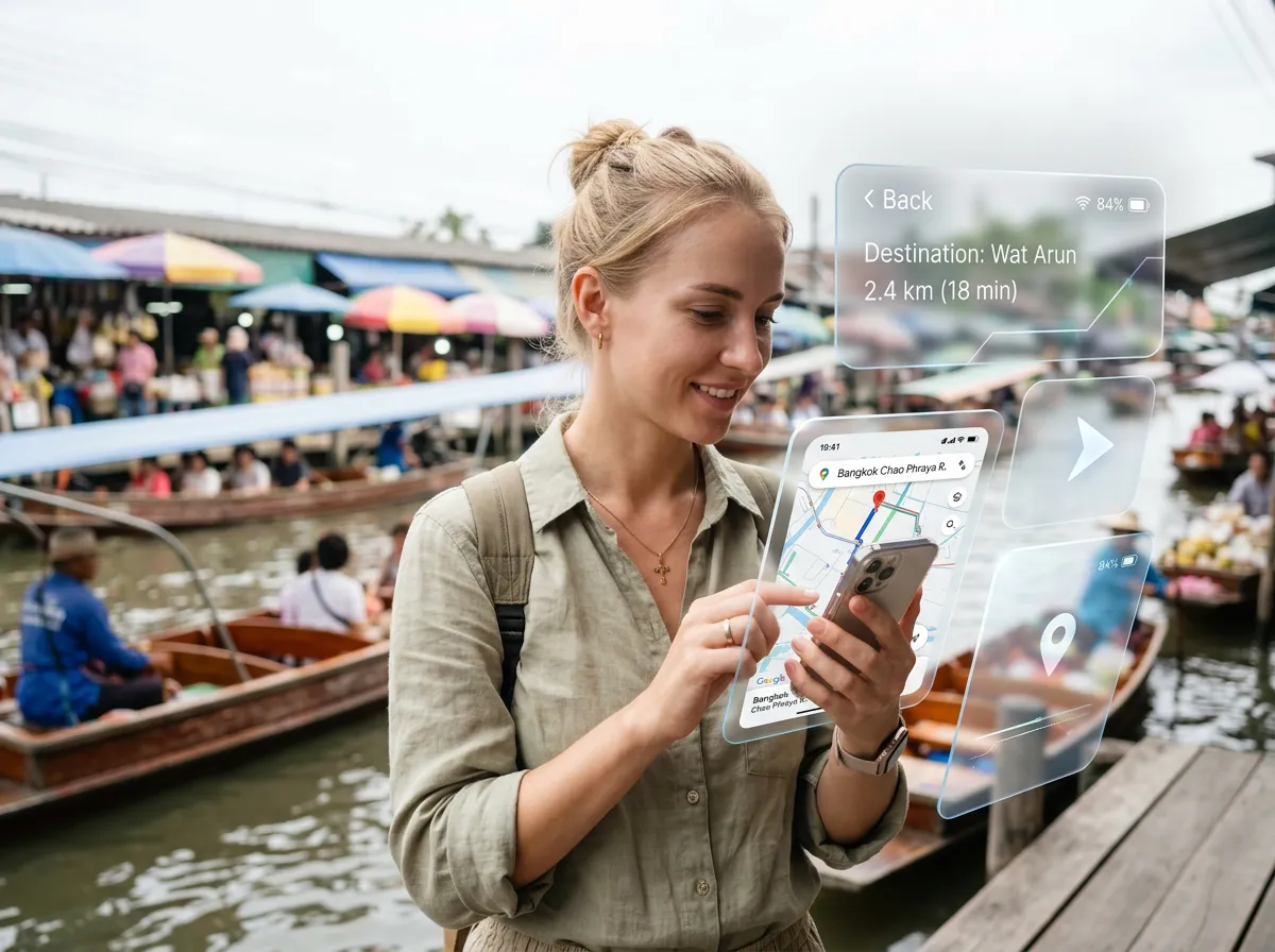 Cinematic shot of a Russian tourist using a smartphone with a map application while sightseeing in Southeast Asia. In the foreground, there are floating futuristic glassmorphism interface panels. Depth of field: focus on the Russian tourist. Soft studio lighting, reflections, high quality, 8k, photorealistic. Background should be in lighter tone, as in white or light grey