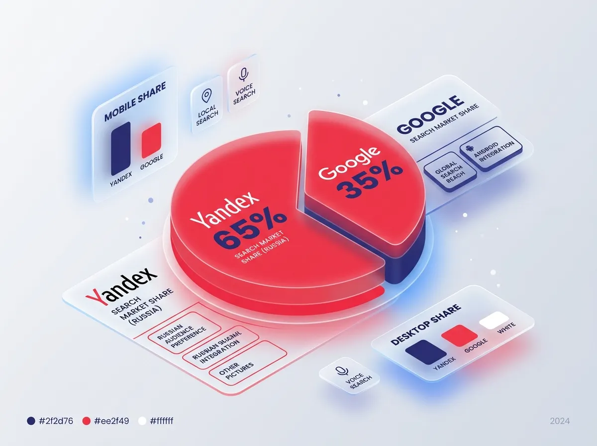 3D isometric, glassmorphic illustration of Yandex's search market share in Russia compared to Google, shown as a percentage breakdown. Use floating glass charts, frosted glass texture, translucent layers, light grey and white gradient background, soft volumetric lighting, 8k resolution, minimalist style.
