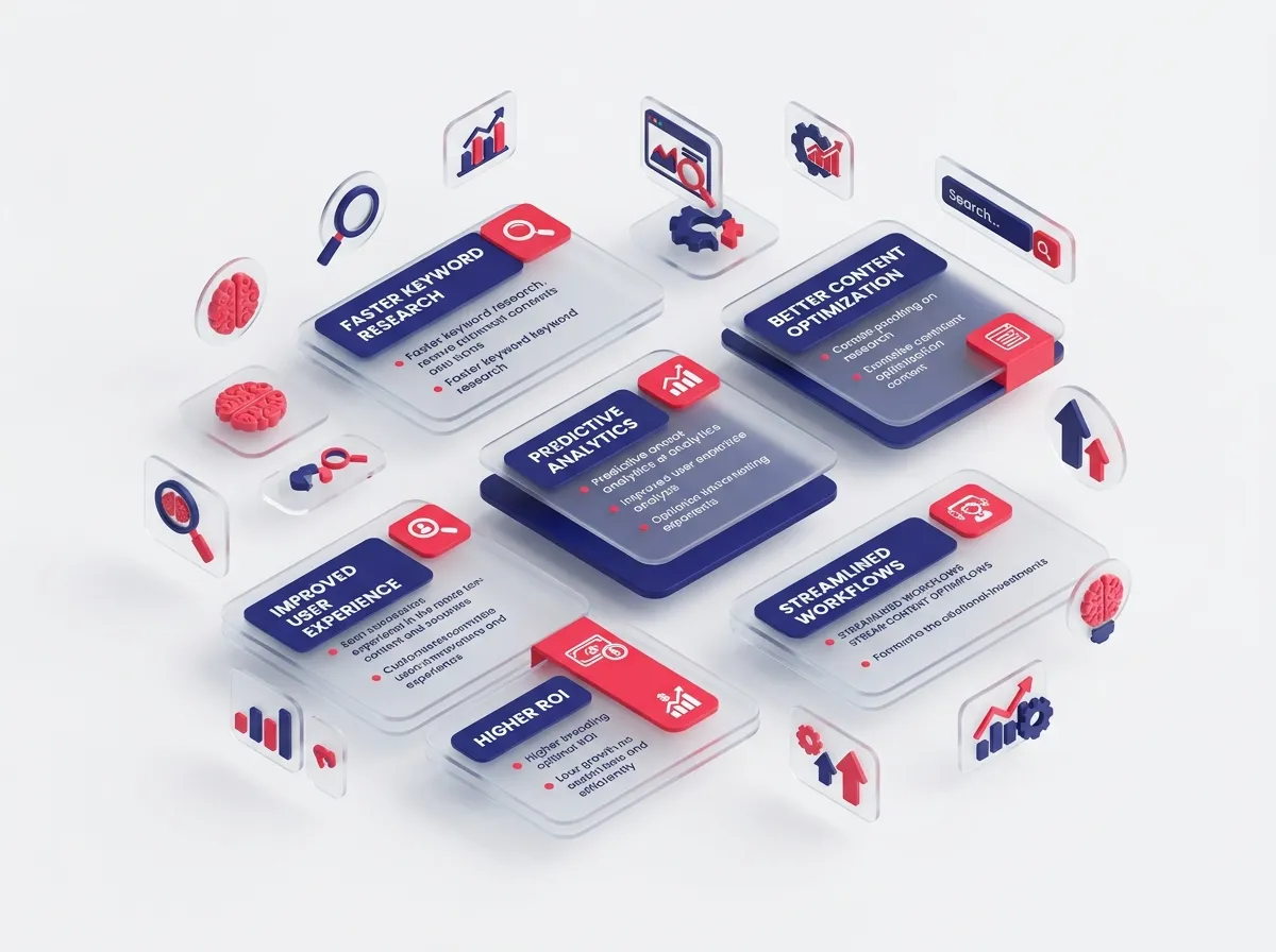 A 3D isometric, glassmorphic infographic listing the reasons why AI SEO is important. Elements are in floating glass, frosted glass texture with blur effect, translucent layers, using the red and blue color. SEO, AI-related icons floating around. White and light grey gradient background, soft volumetric lighting, ray tracing, C4D, Octane render, high detail, 8k resolution, minimalist style.