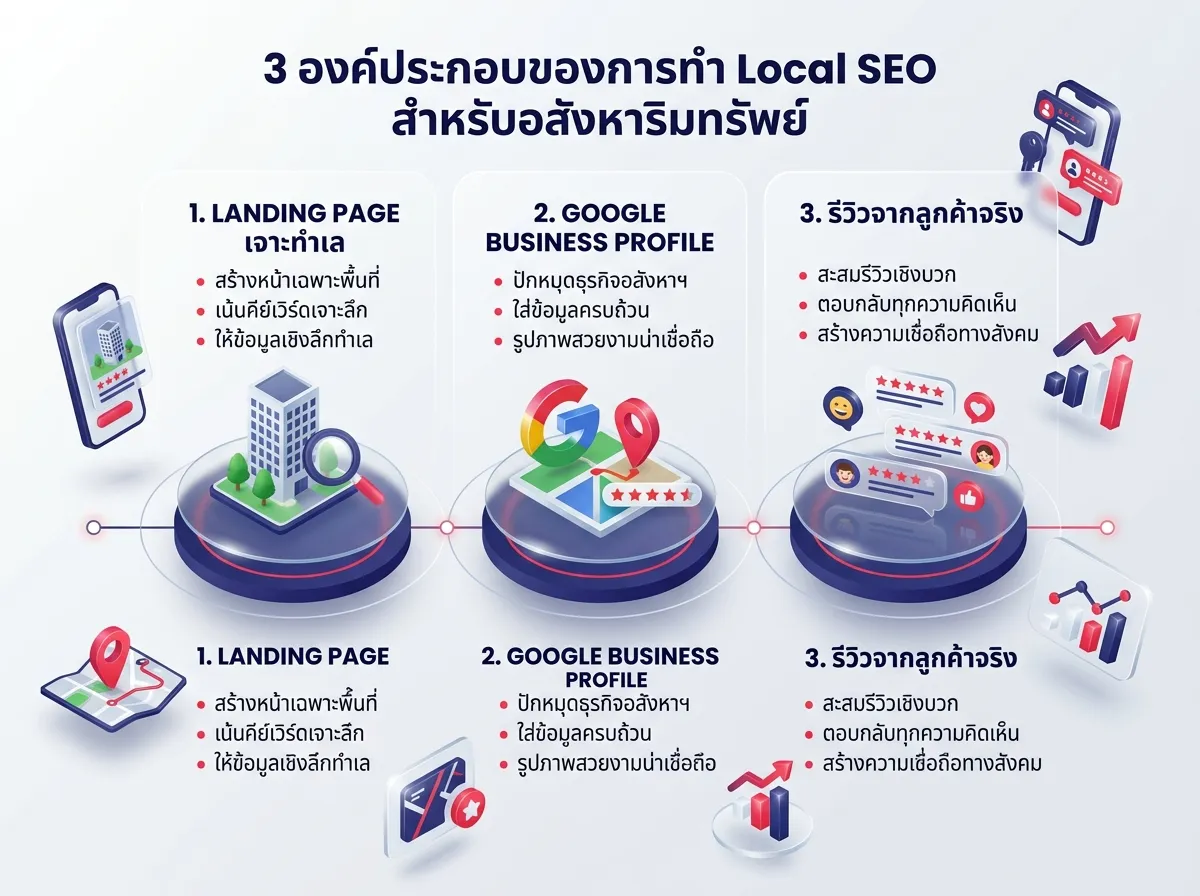 กราฟิกแสดง 3 องค์ประกอบของ Local SEO สำหรับอสังหาริมทรัพย์ ได้แก่ Landing Page เจาะทำเล Google Business Profile และรีวิวจากลูกค้าจริง. The image theme is in 3D isometric, glassmorphic floating glass elements. Use frosted glass texture with blur effect, translucent layers, glossy Google and Local SEO-related icons floating around. White and light grey gradient background, high detail, 8k resolution, minimalist style.