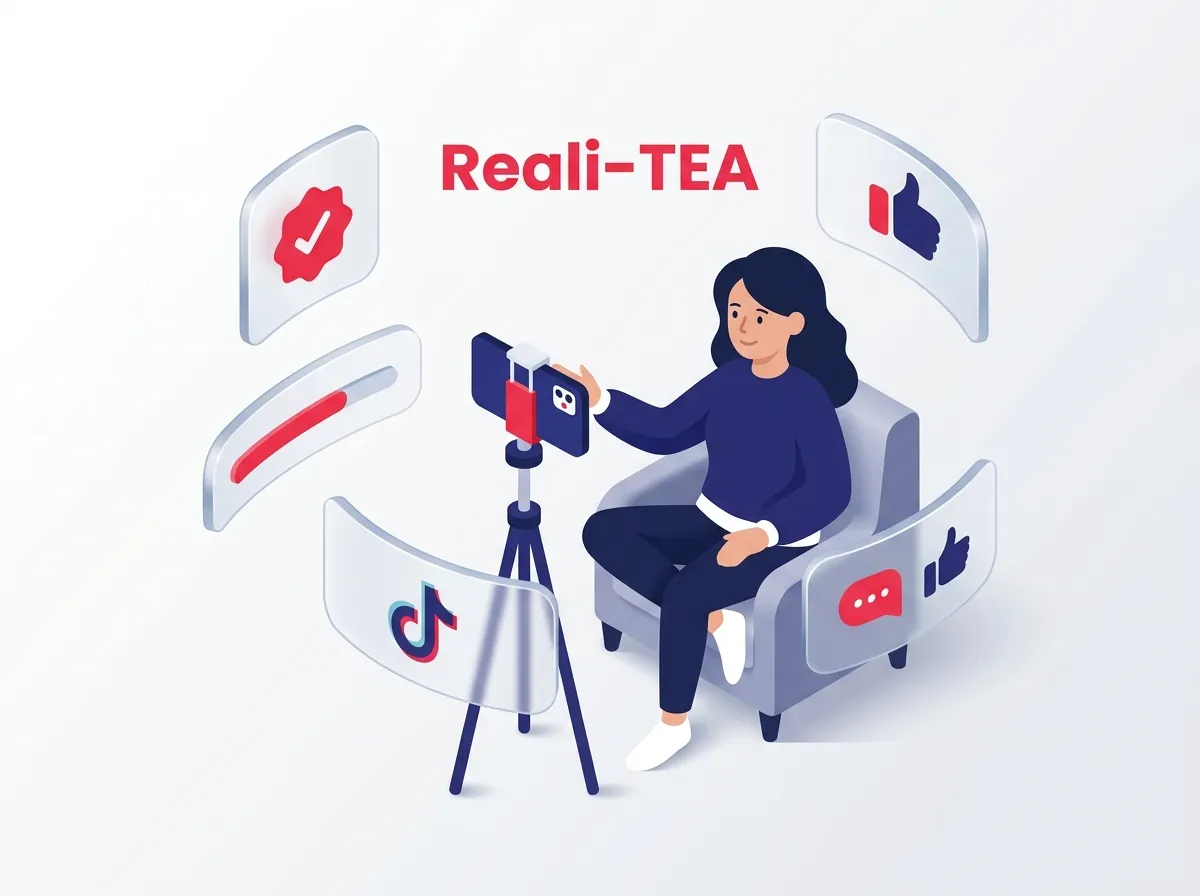 ครีเอเตอร์นั่งเล่าเรื่องหน้ากล้องสมาร์ตโฟนแบบเป็นธรรมชาติ สื่อถึงเทรนด์ Reali-TEA บน TikTok. Theme is 3D isometric, glassmorphic with floating glass icons for TikTok. Use white and light grey gradient background. High detail, 8K, minimalist style. Only insert the following text "Reali-TEA"