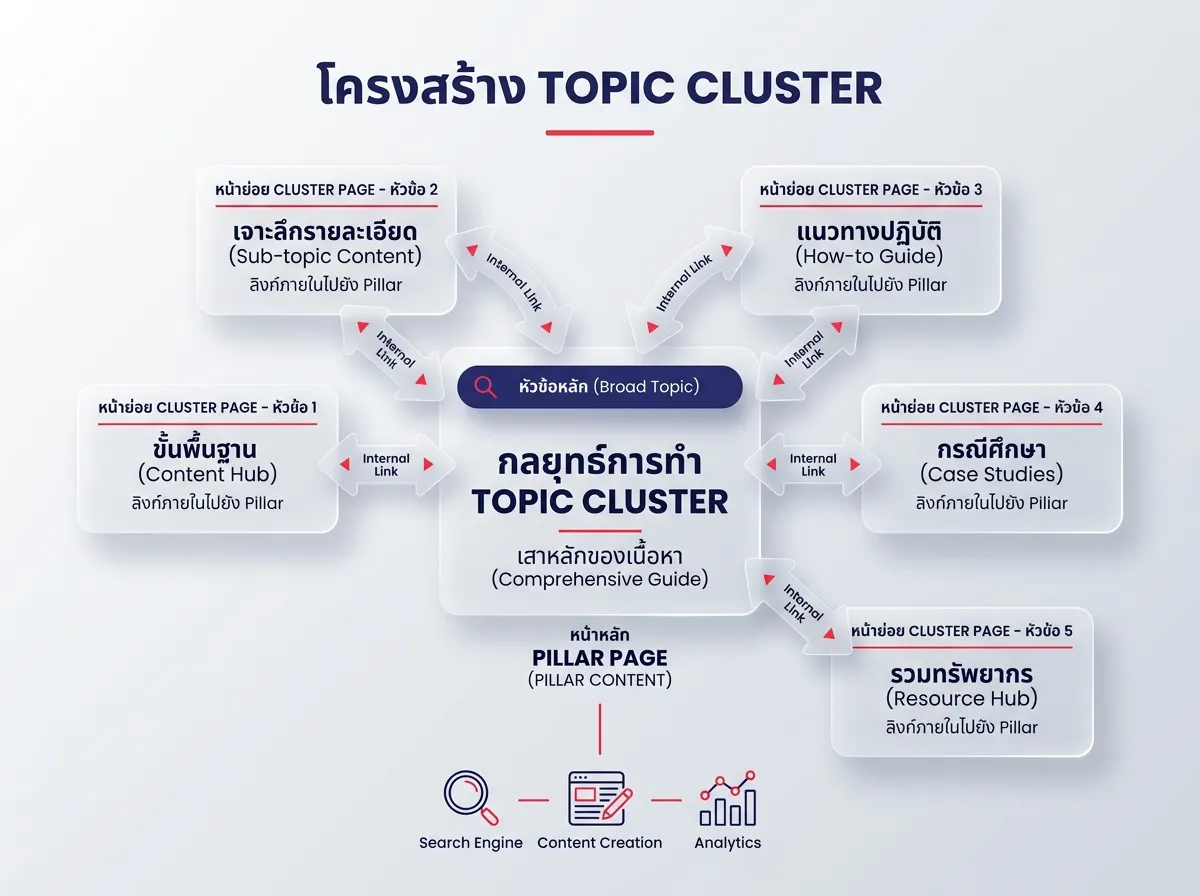 Topic Cluster structure showing a Pillar page connected to multiple supporting pages through internal links. The image theme is glassmorphic 3D illustration with floating glass elements, frosted glass texture with blur effect, translucent layers. White and light grey gradient background. Soft volumetric lighting, high detail, minimalist style.