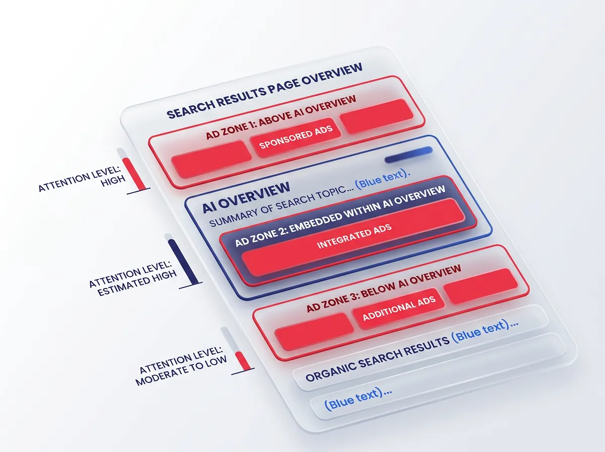 3D isometric, glassmorphic diagram showing three ad zones on a search results page: above AI Overview, embedded within AI Overview, and below AI Overview, with attention level indicators for each. The elements are in frosted glass texture with blur effect, translucent layers, and glossy. Element colors are in blue, red. Background is white with a bit of light grey gradient. Soft volumetric lighting, high detail, minimalist style. Do not include the "Brand color" texts