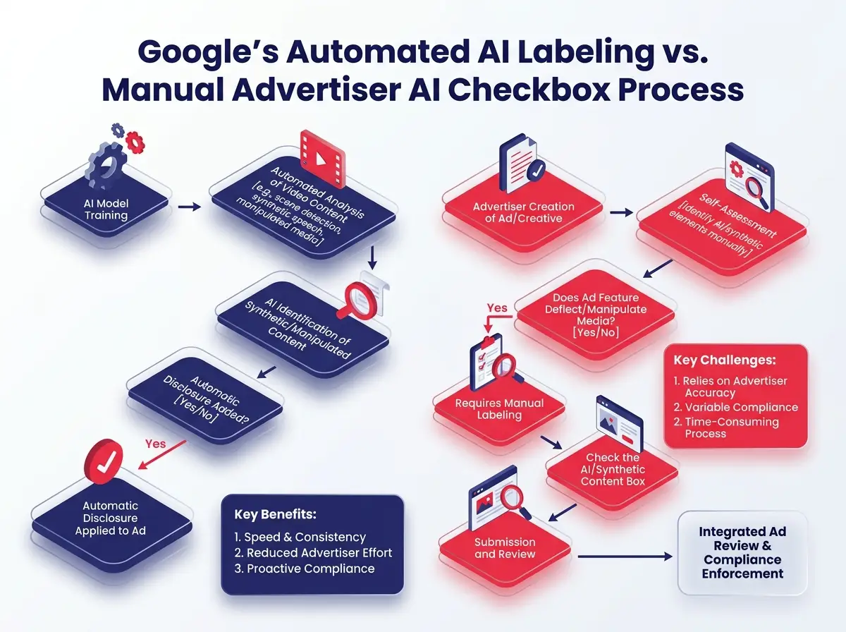 3D isometric, glassmorphic flowchart showing automated Google AI labeling versus the manual advertiser checkbox process. The elements are made up of floating, frosted glass with translucent layers. Use red and blue brand color as gradient for glassmorphic elements. Background is white with a bit of light grey gradient. The title should say: "Google's Automated AI Labeling vs. Manual Advertiser AI Checkbox Process"