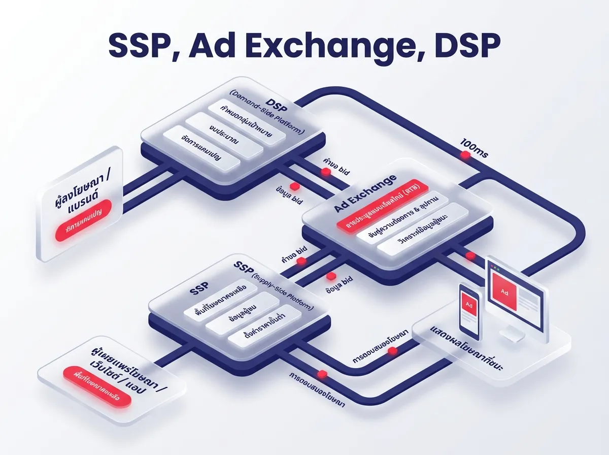 3D isometric, glassmorphic diagram showing the real-time ad bidding process through SSP, Ad Exchange, and DSP. The elements theme is in frosted, floating glass with translucent layers. Use brand colors like red and blue to complement the elements. The background is white and light grey gradient color. Soft volumetric lighting, high detail, 8K resolution, minimalist style. The title should say: "SSP, Ad Exchange, DSP"