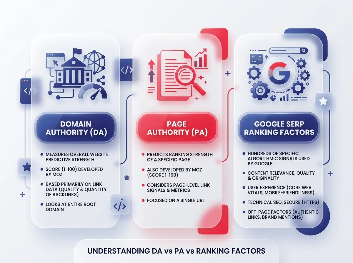 3D isometric, glassmorphic infographic explaining the difference between DA (Domain Authority), PA (Page Authority), and Google's SERP Ranking Factors. The elements are glossy, frosted, floating glass texture with blur effect and translucent layers. Use brand colors: blue and red brand accents in translucent for the elements. The background is primary white and a bit of light grey gradient. Soft volumetric lighting, high detail, 8k resolution, minimalist style.
