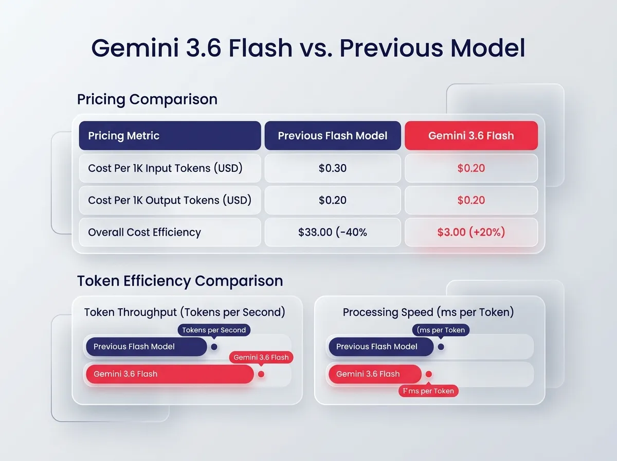 A glassmorphic comparison chart showing Gemini 3.6 Flash pricing and token efficiency versus the previous Flash model. The elements are glossy, frosted, floating glass texture with blur effect and translucent layers. Use brand colors: blue and red brand accents in translucent for the elements. The background is primary white and a bit of light grey gradient. Soft volumetric lighting, high detail, 8k resolution, minimalist style. The title should say "Gemini 3.6 Flash vs. Previous Model"
