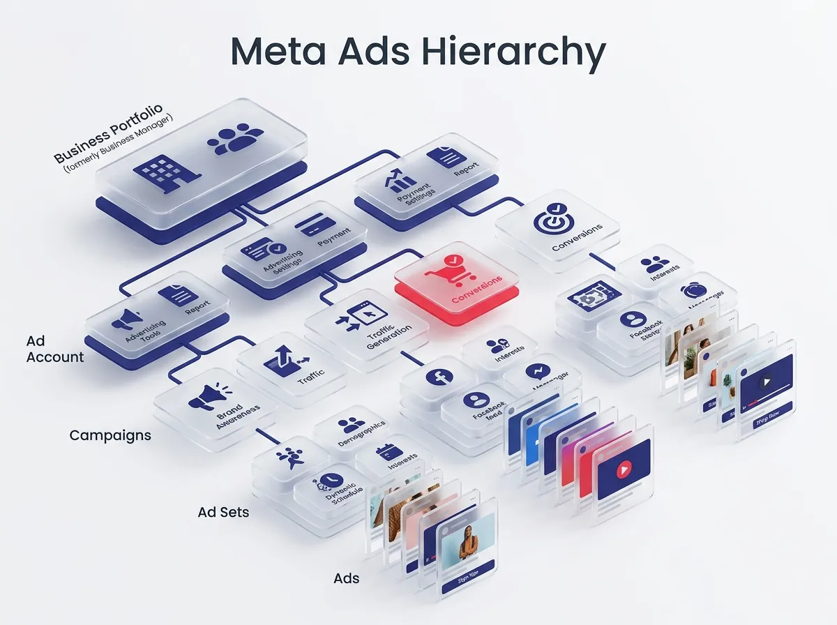 A 3D isometric, glassmorphic diagram of Meta Ads Hierarchy From Business Portfolio to Ad (โครงสร้างลำดับขั้นของ Meta Ads ตั้งแต่ Business Portfolio ไปจนถึง Ad). The details should be in English, translated from Thai. The elements are glossy, frosted, floating glass texture with a blur effect and translucent layers. Use brand colors: blue and red brand accents in translucent for the elements. The background is primary white and a bit of light grey gradient. Soft volumetric lighting, high detail, 8k resolution, minimalist style. The title should say: "Meta Ads Hierarchy"