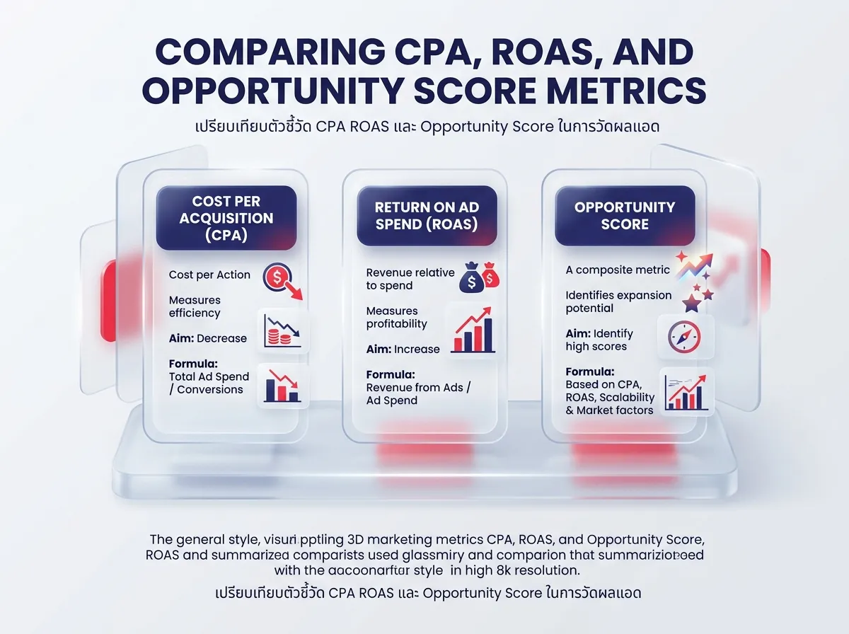 A 3D isometric, glassmorphic comparing Metrics such as CPA, ROAS, and Opportunity Score. The text should be in English translated from Thai (เปรียบเทียบตัวชี้วัด CPA ROAS และ Opportunity Score ในการวัดผลแอด). The elements are glossy, frosted, floating glass texture with blur effect and translucent layers. Use brand colors: blue and red brand accents in translucent for the elements. The background is primary white and a bit of light grey gradient. Soft volumetric lighting, high detail, 8k resolution, minimalist style. The title should say "Comparing CPA, ROAS, and Opportunity Score Metrics"