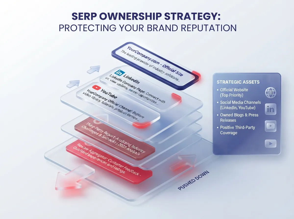 3D isometric, glassmorphic infographic sample SERP ownership map showing owned company assets like website, LinkedIn, and YouTube occupying top search result positions while pushing negative articles and old reviews further down the page. The elements are glossy, frosted, floating glass texture with a blur effect and translucent layers. Use brand colors: blue and red brand accents in translucent for the elements. The background is primary white and a bit of light grey gradient. Soft volumetric lighting, high detail, 8k resolution, minimalist style.